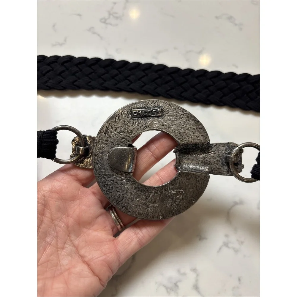 Chicos Southwest Boho Belt Turquoise Metal Round Buckle  Fabric Black Braided XL - Picture 4 of 7